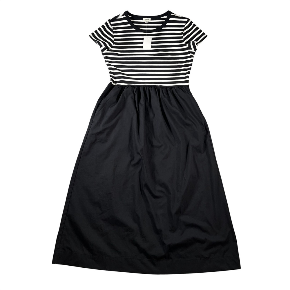 J.Crew Women Black White Striped Short Sleeve Knit Mixy Midi Dress Sz Small NWT